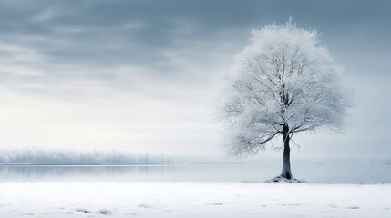  a lone tree stands in the snow near a lake on a cloudy day.  generative ai
