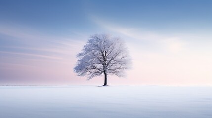 Fototapeta na wymiar a lone tree stands alone in a snowy field at sunset. generative ai