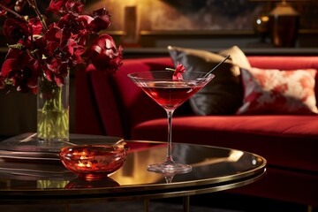 Loungey vibes with a crimson martini glass amidst lavish surroundings. Generative AI