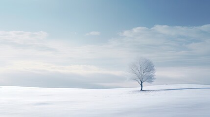  a lone tree stands alone in a snowy field under a blue sky.  generative ai