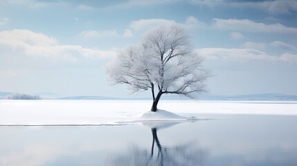  a lone tree stands in the middle of a frozen lake.  generative ai