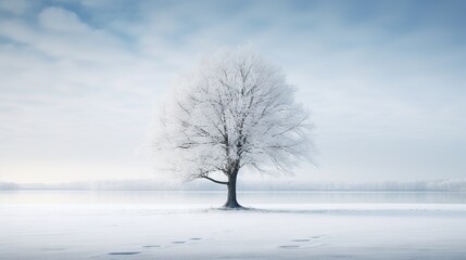 Fototapeta na wymiar a lone tree stands alone in a snowy field with footprints in the snow. generative ai