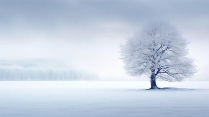  a lone tree stands in a snowy field with fog in the background.  generative ai