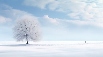  a lone tree stands alone in a snowy landscape with a blue sky in the background.  generative ai