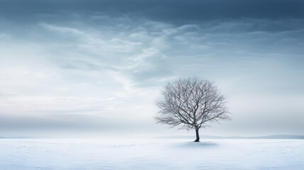 Fototapeta na wymiar a lone tree in a snowy field under a cloudy sky. generative ai