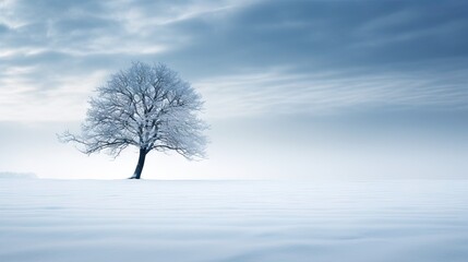 Obraz na płótnie Canvas a lone tree stands alone in a snowy field under a cloudy sky. generative ai