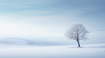  a lone tree in a snowy landscape with a hill in the background.  generative ai