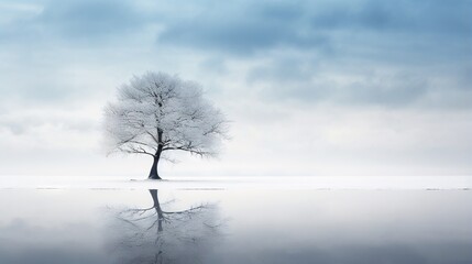 Fototapeta na wymiar a lone tree stands in the middle of a lake on a cloudy day. generative ai