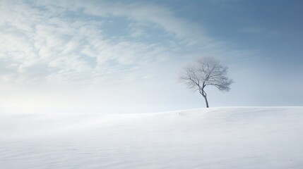  a lone tree in a snowy field under a blue sky.  generative ai