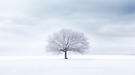  a lone tree stands alone in a snow covered field with a cloudy sky.  generative ai
