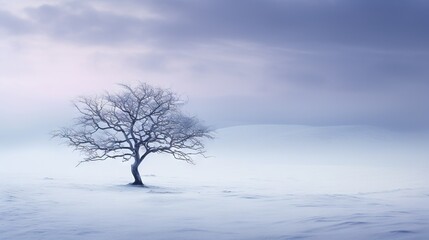  a lone tree stands alone in a snowy field with a dark sky in the background.  generative ai