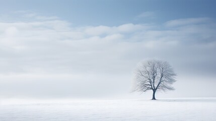 Fototapeta na wymiar a lone tree stands alone in a snow covered field on a cloudy day. generative ai