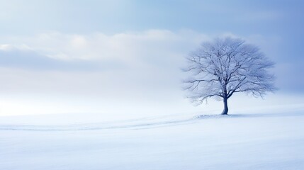  a lone tree stands alone in a snowy field on a cold day.  generative ai