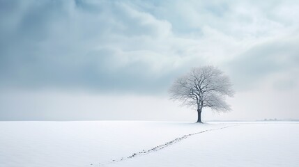  a lone tree stands alone in a snowy field with a trail leading to it.  generative ai
