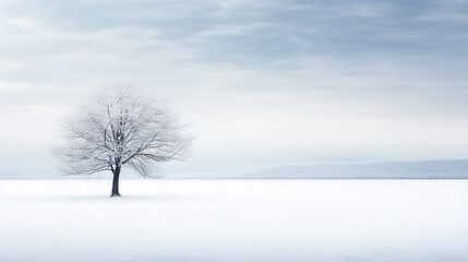 Fototapeta na wymiar a lone tree stands alone in a snowy field with mountains in the background. generative ai