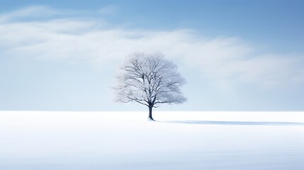  a lone tree stands alone in a snowy field with a blue sky.  generative ai