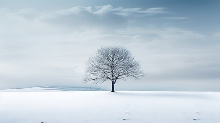 Fototapeta na wymiar a lone tree stands alone in a snowy field with a mountain in the background. generative ai