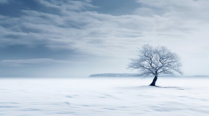 Fototapeta na wymiar a lone tree stands alone in a snowy landscape with a distant island in the distance. generative ai