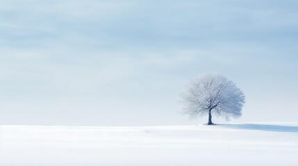  a lone tree stands alone in a snowy field on a sunny day.  generative ai