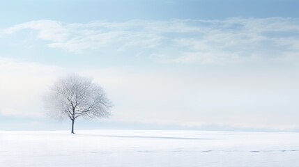  a lone tree stands alone in a snowy field under a blue sky.  generative ai