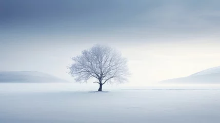 Fotobehang  a lone tree stands alone in a snowy field with mountains in the background.  generative ai © Jevjenijs