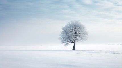  a lone tree stands alone in a snowy field on a cold day.  generative ai