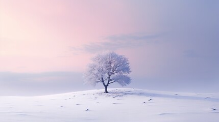  a lone tree stands alone in a snowy landscape with a pink sky.  generative ai