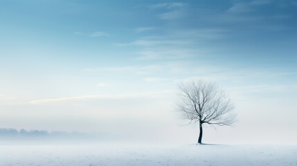Fototapeta na wymiar a lone tree stands alone in a snowy field on a foggy day. generative ai