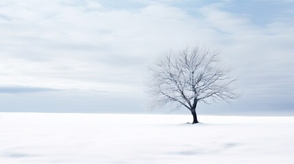  a lone tree stands alone in a snow covered field under a cloudy sky.  generative ai