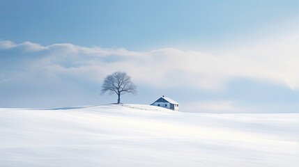  a lone tree on a snowy hill with a house in the distance.  generative ai