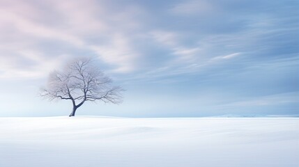  a lone tree stands alone in a snowy field under a blue sky.  generative ai