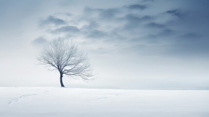  a lone tree in a snowy field under a cloudy sky.  generative ai