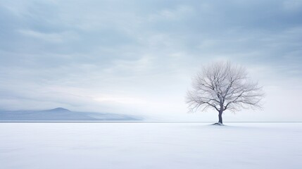  a lone tree stands alone in a snowy field with mountains in the distance.  generative ai