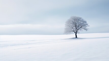 Fototapeta na wymiar a lone tree stands alone in a snowy field on a cloudy day. generative ai
