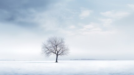  a lone tree stands alone in the middle of a snowy field.  generative ai