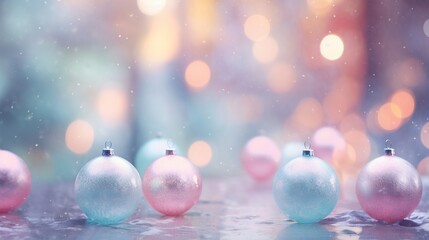  a group of pink and blue ornaments sitting on top of a table.  generative ai