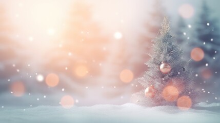 a snowy scene with a small christmas tree in the foreground.  generative ai