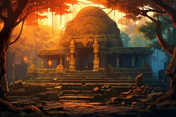 Illustration of an ancient temple dedicated to Shiva, a revered deity in India. Generative AI - obrazy, fototapety, plakaty