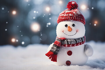 christmas decoration with cute cheerful snowman in winter