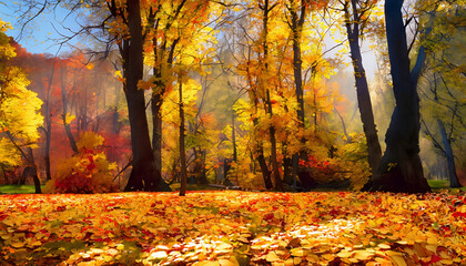 autumn in the park, The Art of Fall: A Golden Leaf Canvas in the Park, AI Generated