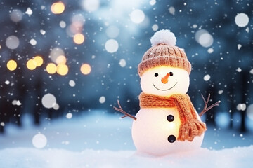 Fototapeta premium christmas decoration with cute cheerful snowman in winter