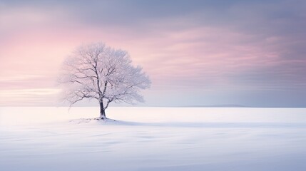 a lone tree stands alone in a snowy field at sunset.  generative ai