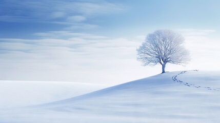 Fototapeta na wymiar a lone tree on a snowy hill under a blue sky. generative ai