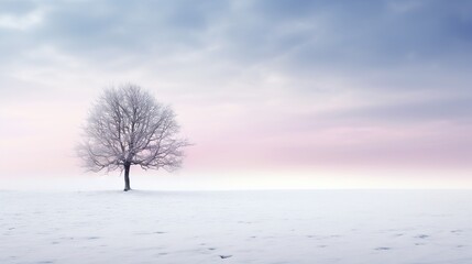  a lone tree stands alone in a snowy field with footprints on the ground.  generative ai