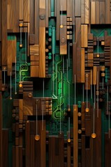 An incredible background simulating golden technological chips on wood