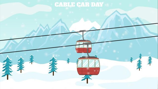 video of the movement of the cable car with a background of mountains and snowfall