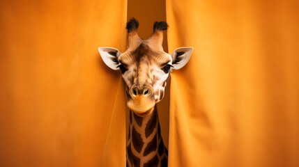 Funny Giraffe Peeking Out from Behind Curtain on Soft Orange Studio Background, AI Generated Image