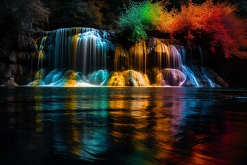 Artwork of a vibrant waterfall with colored lights reflecting on the water. Generative AI