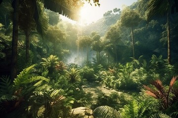 Lush tropical forests around 10,000 BC, with warm and wet climate, supported diverse vegetation and abundant species. Game background. Generative AI - obrazy, fototapety, plakaty