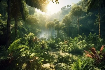 Foto op Aluminium Lush tropical forests around 10,000 BC, with warm and wet climate, supported diverse vegetation and abundant species. Game background. Generative AI © Adair